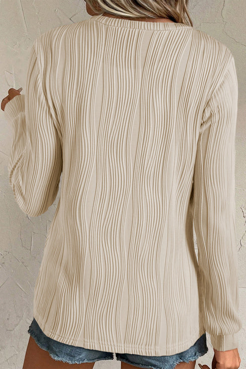 Textured Wavy Round Neck Long Sleeve Top